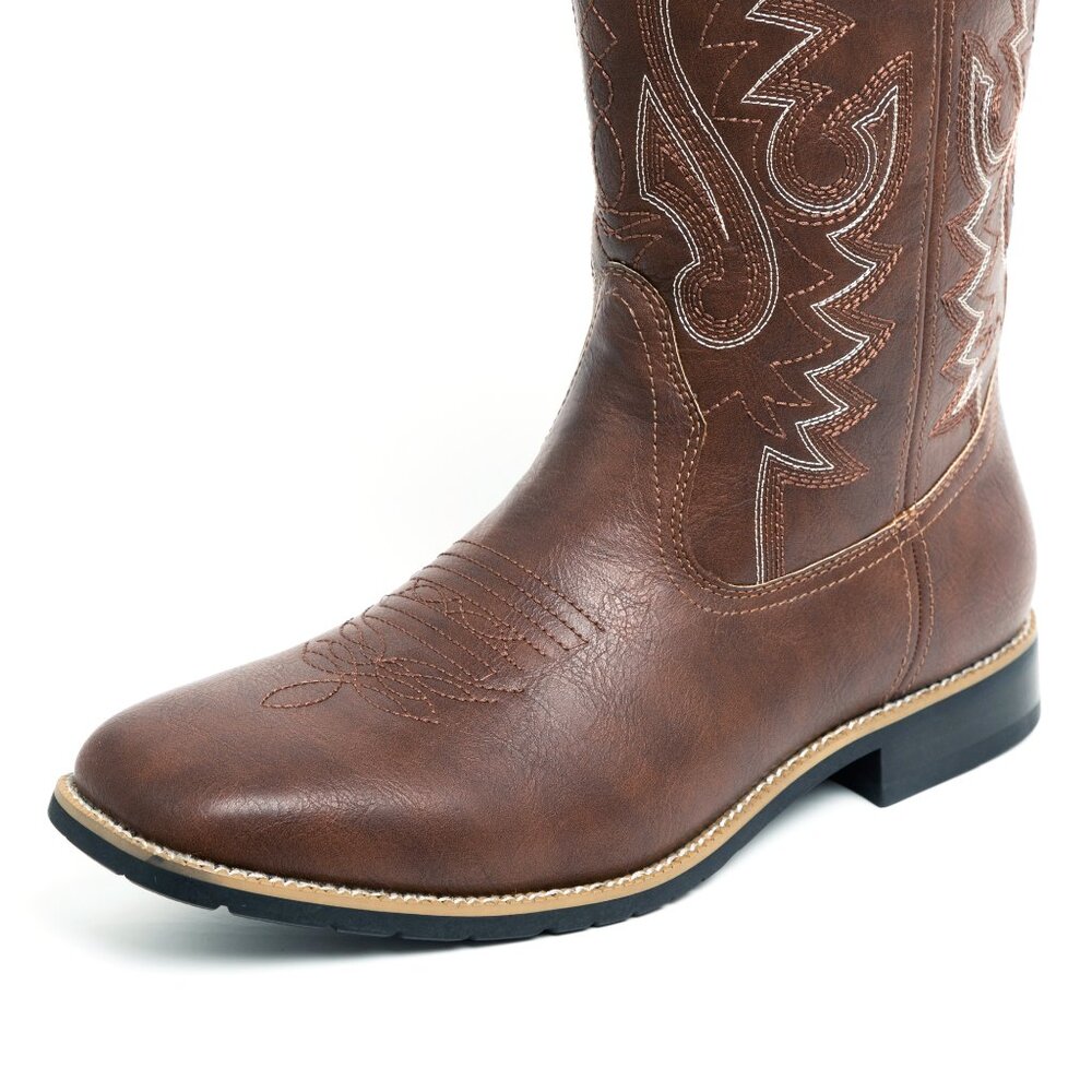 Dark Brown Men's Cowboy Western Embroidered Square Toe Boots - Picture 5 of 7